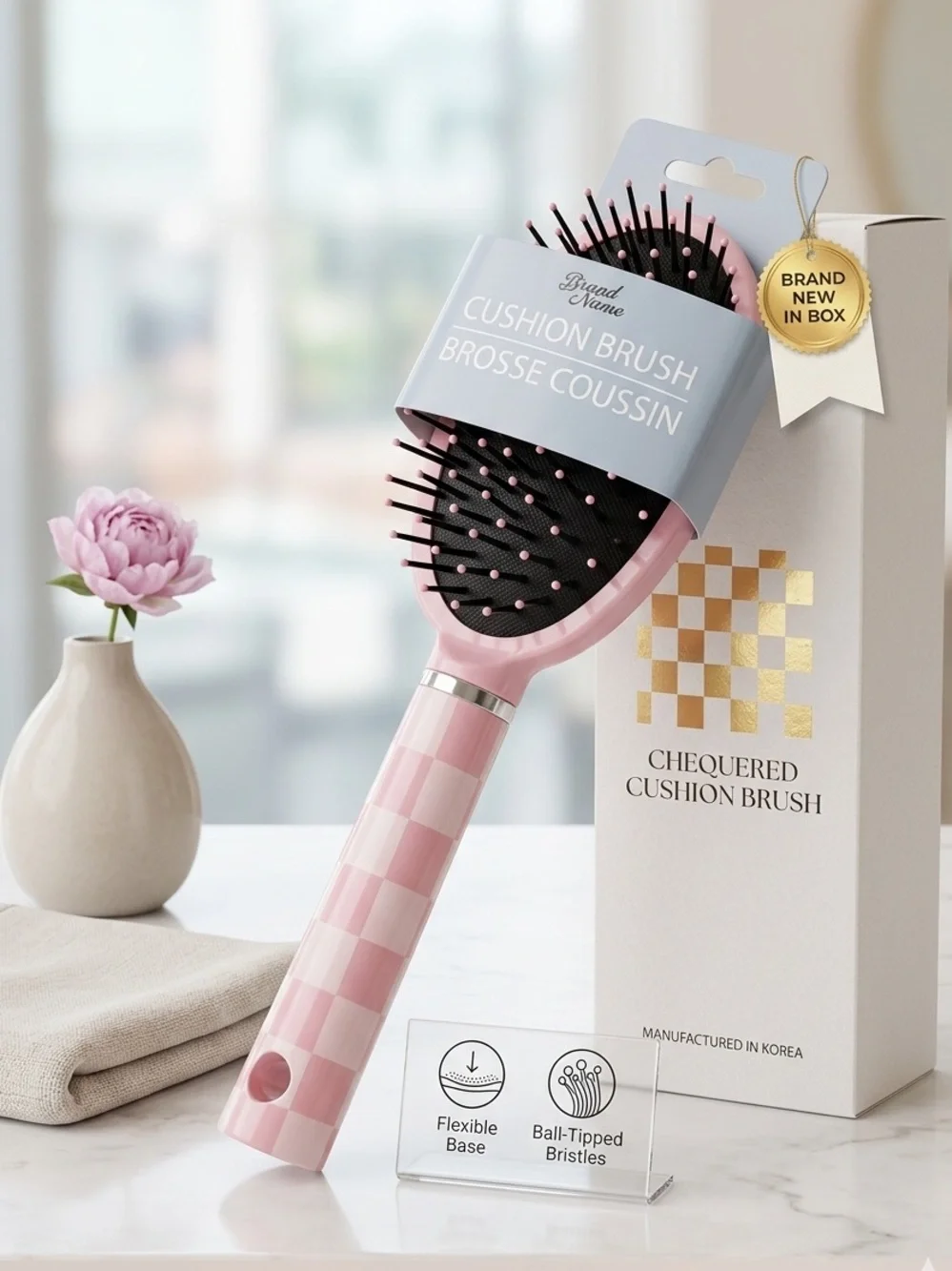 Pink Chequered Cushion Hair Brush - Gentle Detangling